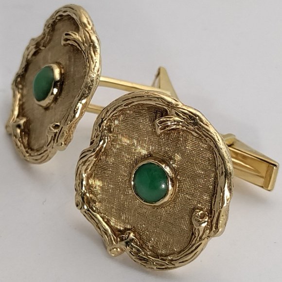 1950's Wood Design 14k Yellow Gold 585 Chrysoprase Cufflinks 14.7g - Picture 3 of 9